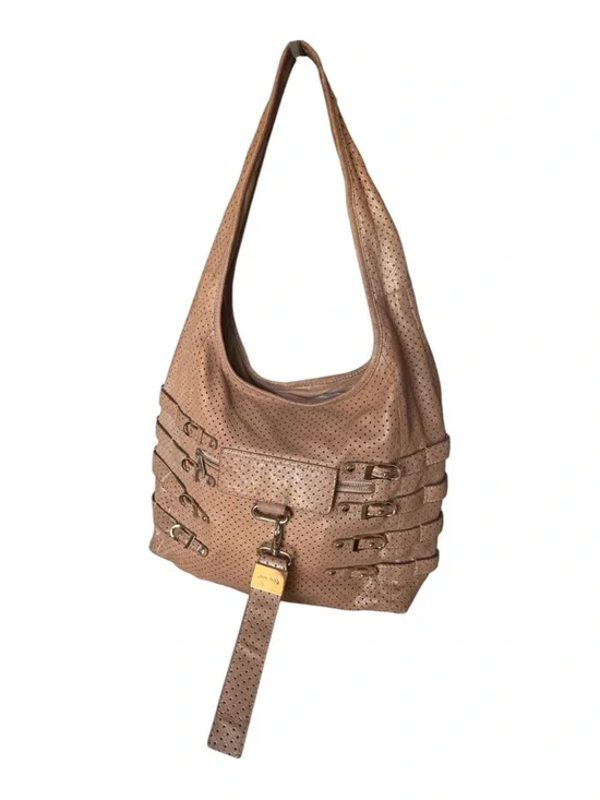 Jimmy Choo Bardia Perforated Shimmer Suede Buckle Strap Hobo Shoulder Bag - Picture 4 of 14